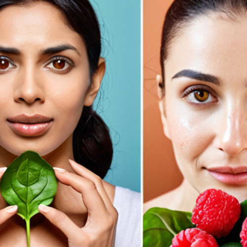 Home 23 **Image Prompt:** A split image showcasing two different approaches to skin rejuvenation for Urdu-speaking women. On one side, healthy foods like berries, nuts, and spinach alongside a woman doing yoga. On the other side, a non-surgical aesthetic treatment like radiofrequency therapy being performed on a woman's face. Focus on showing glowing, healthy skin in both.