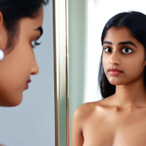 Home 22 **Prompt 1: The Idealized Reflection**
A young South Asian individual, gender-neutral, stands before a mirror with a thoughtful expression. Their reflection in the mirror subtly transforms to showcase the currently idealized beauty standards: a sharp, delicate 'V-line' jawline and a small, upturned 'Barbie' nose. The background is softly blurred but hints at the omnipresence of social media, with faint icons or filtered images suggesting the source of these beauty ideals. The scene should convey a sense of aspiration mixed with the underlying pressure of societal expectations, rendered in a softly lit, somewhat contemplative mood.