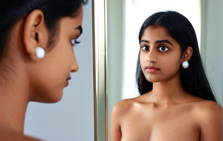 **Prompt 1: The Idealized Reflection**
    A young South Asian individual, gender-neutral, stands before a mirror with a thoughtful expression. Their reflection in the mirror subtly transforms to showcase the currently idealized beauty standards: a sharp, delicate 'V-line' jawline and a small, upturned 'Barbie' nose. The background is softly blurred but hints at the omnipresence of social media, with faint icons or filtered images suggesting the source of these beauty ideals. The scene should convey a sense of aspiration mixed with the underlying pressure of societal expectations, rendered in a softly lit, somewhat contemplative mood.