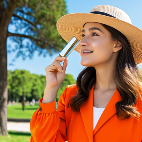 Home 21 A professional-looking woman in modest, long-sleeved clothing and a wide-brimmed hat, standing gracefully outdoors in a bright, sunny park, gently applying SPF 30+ sunscreen to her face. Her skin appears luminous and healthy, reflecting diligent sun protection and hydration. The setting is clean and well-lit, emphasizing a safe outdoor environment. Fully clothed, appropriate attire, safe for work, perfect anatomy, correct proportions, natural pose, well-formed hands, proper finger count, natural body proportions, professional photography, high quality, modest, family-friendly.