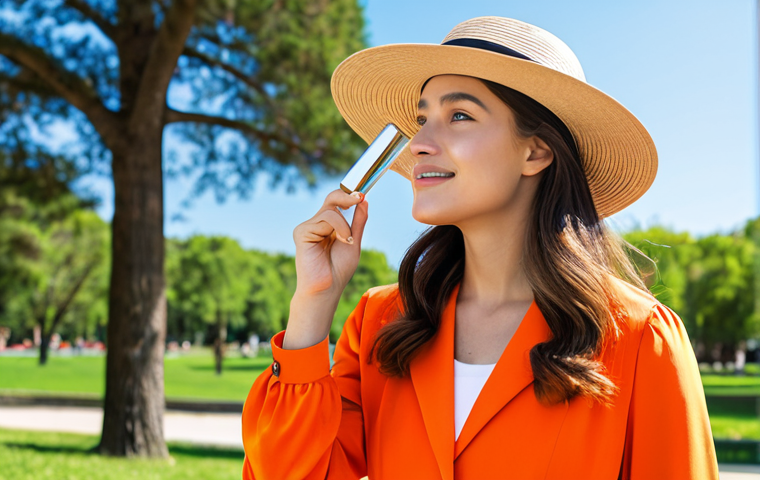 A professional-looking woman in modest, long-sleeved clothing and a wide-brimmed hat, standing gracefully outdoors in a bright, sunny park, gently applying SPF 30+ sunscreen to her face. Her skin appears luminous and healthy, reflecting diligent sun protection and hydration. The setting is clean and well-lit, emphasizing a safe outdoor environment. Fully clothed, appropriate attire, safe for work, perfect anatomy, correct proportions, natural pose, well-formed hands, proper finger count, natural body proportions, professional photography, high quality, modest, family-friendly.