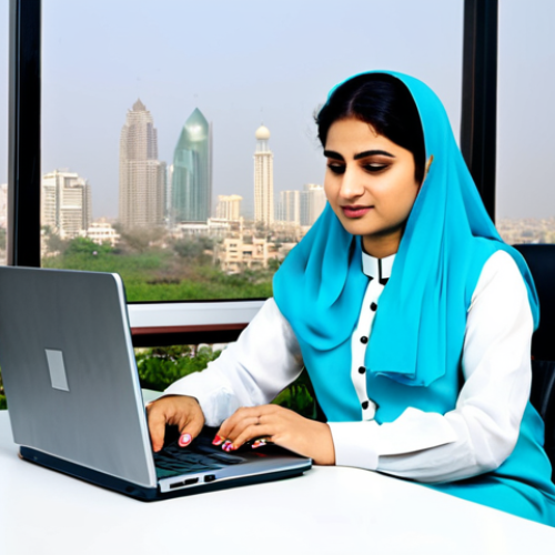 Home 20 **
"A confident Pakistani businesswoman in a beautifully tailored, modest shalwar kameez, working on a laptop in a bright, modern office in Karachi. The background features the city skyline. Fully clothed, appropriate attire, safe for work. Perfect anatomy, correct proportions, natural pose, well-formed hands, proper finger count, natural body proportions, professional photography, high quality, family-friendly."
**
