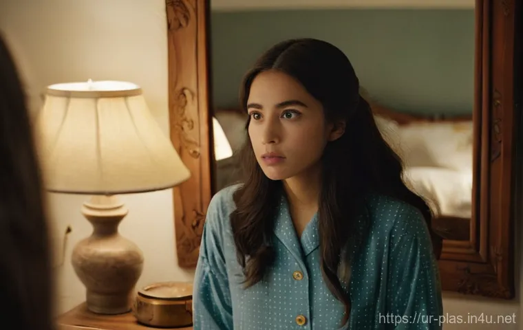 성형외과 부작용 사례 - **Prompt:** "A young woman in her late 20s stands before a vintage wooden vanity mirror in a softly ...