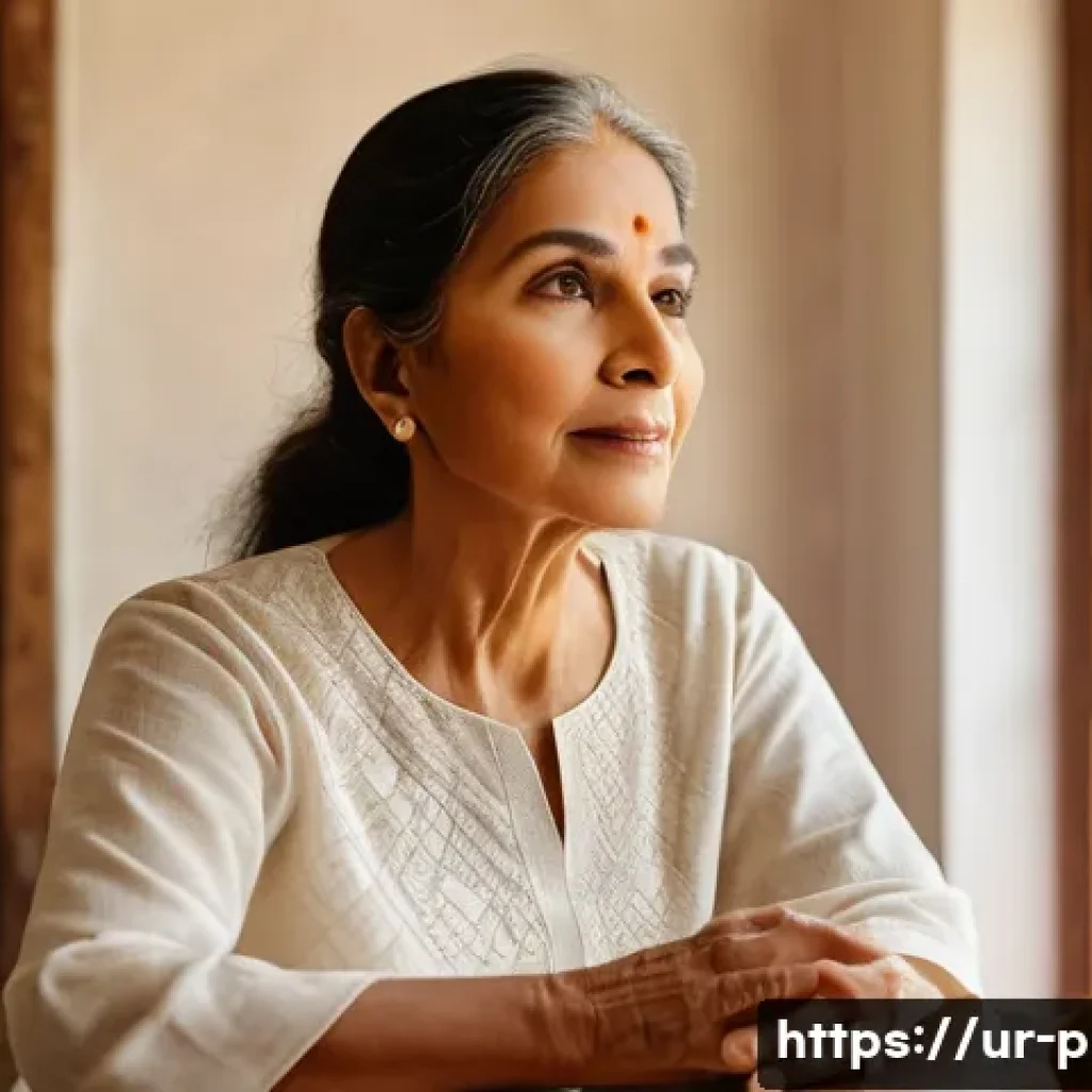 피부 처짐 개선법 - A serene morning skincare scene featuring a middle-aged South Asian woman with glowing, elastic skin...