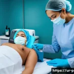 자가 지방 이식 후기 - A professional medical clinic setting featuring a South Asian woman lying comfortably on a treatment...