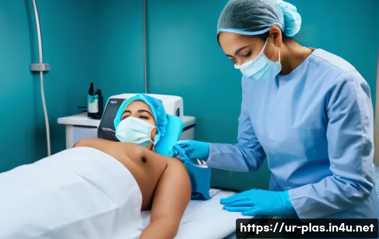 자가 지방 이식 후기 - A professional medical clinic setting featuring a South Asian woman lying comfortably on a treatment...