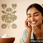 피부 탄력 개선 팁 - A serene bathroom scene featuring a South Asian woman in modest cotton pajamas applying coconut oil ...