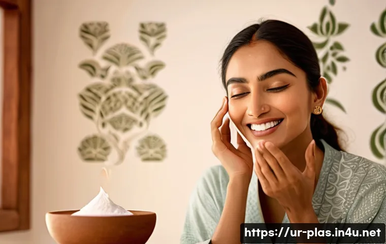 피부 탄력 개선 팁 - A serene bathroom scene featuring a South Asian woman in modest cotton pajamas applying coconut oil ...
