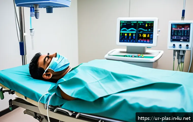 마취 방법 비교 - A modern hospital operating room scene showing a diverse South Asian male patient lying on the surgi...