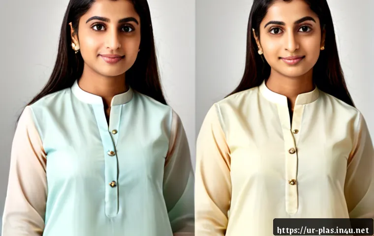 얼굴 비대칭 개선 사례 - Photorealistic side-by-side facial symmetry improvement comparison of an adult Pakistani woman weari...