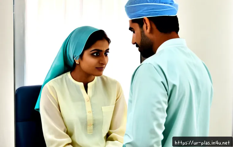 Home 17 안면윤곽 유지기간 - Photorealistic aesthetic clinic consultation in Pakistan, a modest Urdu-speaking adult woman wearing...